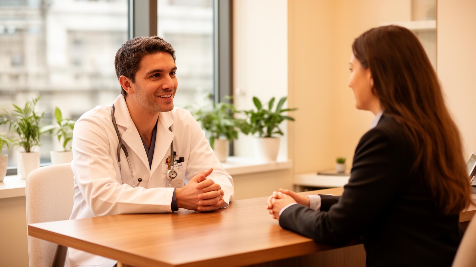 Dr. Mehta speaking with a patient in a bright clinic
