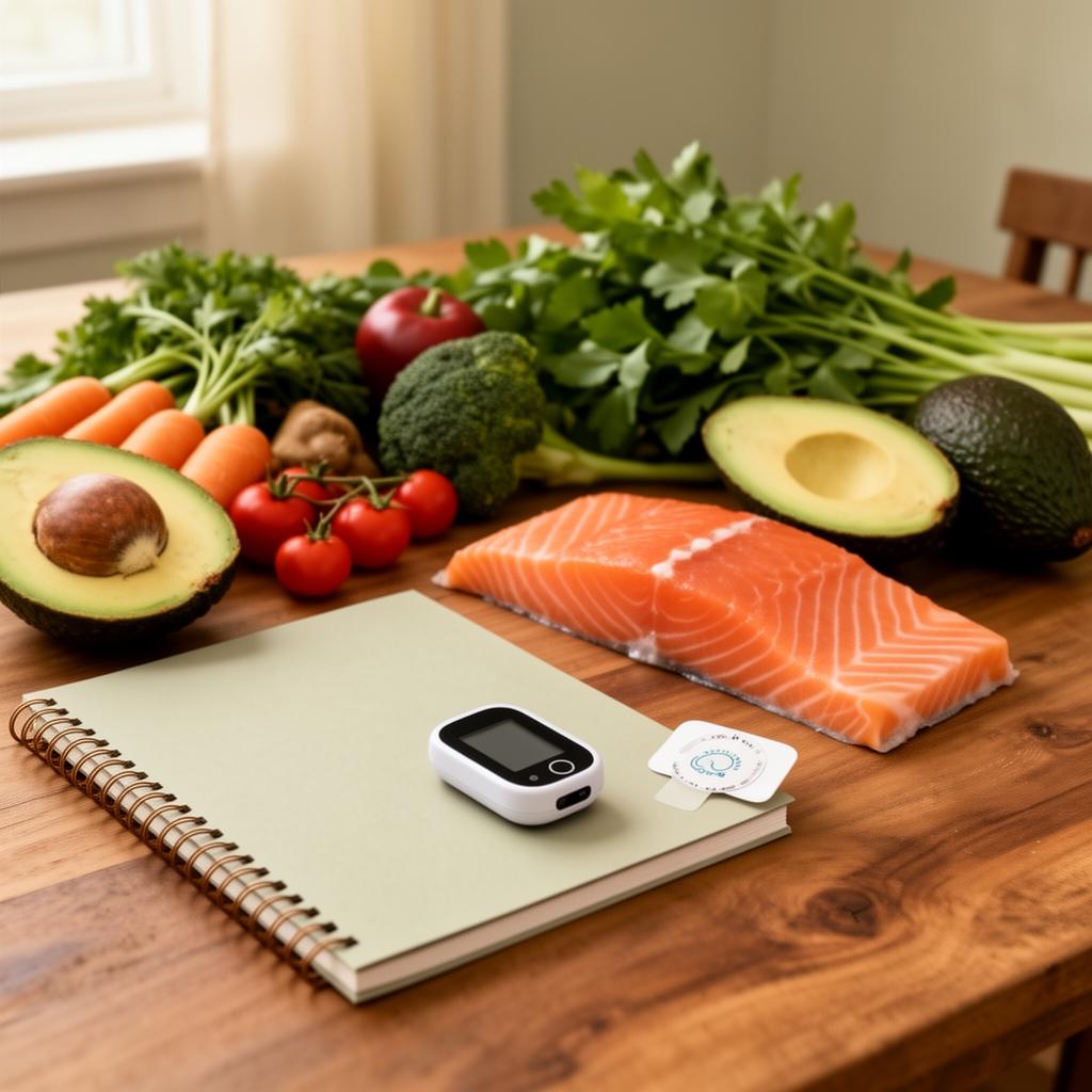 Whole foods, salmon, and a continuous glucose monitor on a wood table